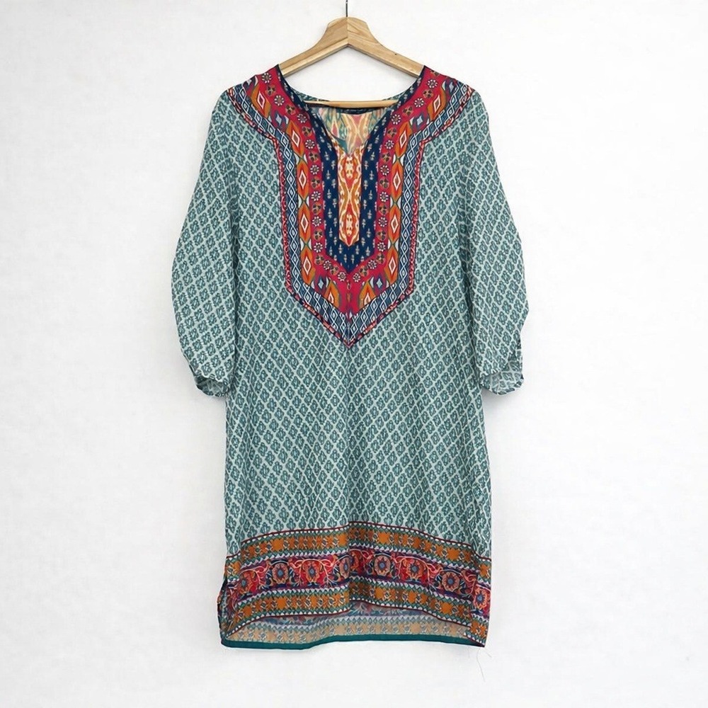 Urban Coco Teal Geometric Tunic Dress Boho Ethnic Folk Print 3/4 Sleeve Size M